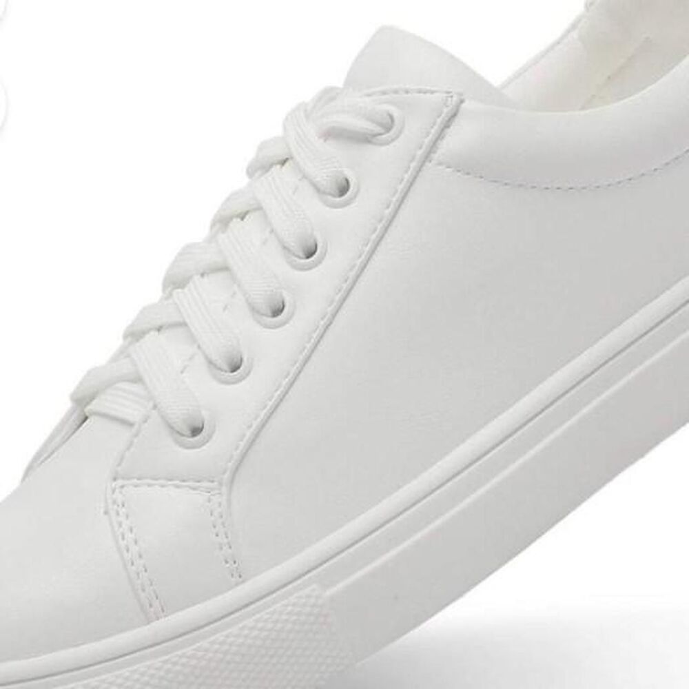 YZ Classic White Sneakers Women's PU Leather Low Top Lace Up Tennis Shoes Size 8 - Picture 2 of 4